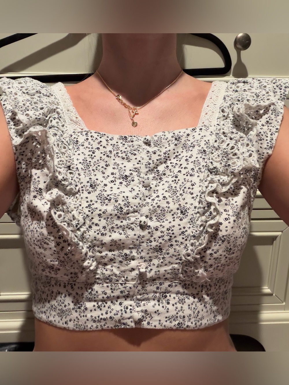 American Eagle Outfitters White Floral Square-Neck Crop Top